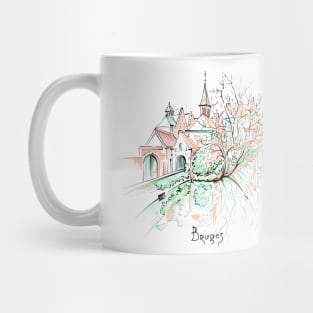 Scenic city view of Bruges canal with beautiful houses and church Mug